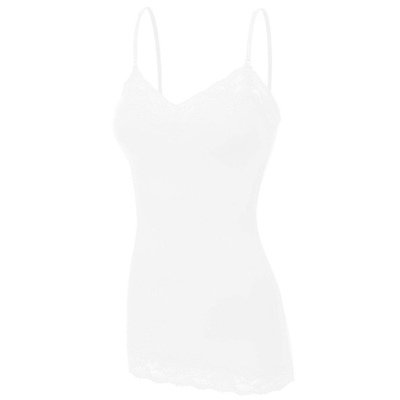 Tops - Camisole Lace Trim V-Neck Spaghetti Straps White